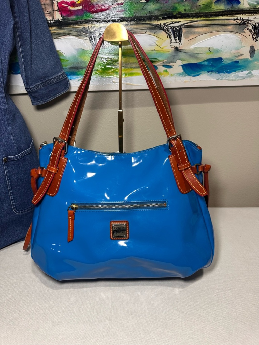 Dooney & Bourke Y2K Bright Blue Patent Shoulder Bag with Brown Trim